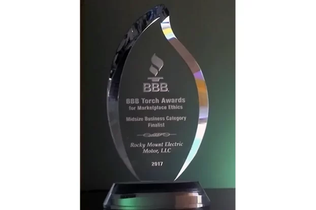 The Better Business Bureau's award for Marketplace ethics presented to Rocky Mount Electric Motor.