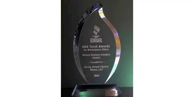 bbb-award The Better Business Bureau's award for Marketplace ethics presented to Rocky Mount Electric Motor.