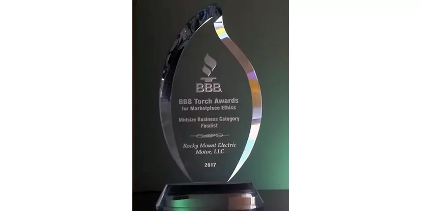 bbb-award The Better Business Bureau's award for Marketplace ethics presented to Rocky Mount Electric Motor.