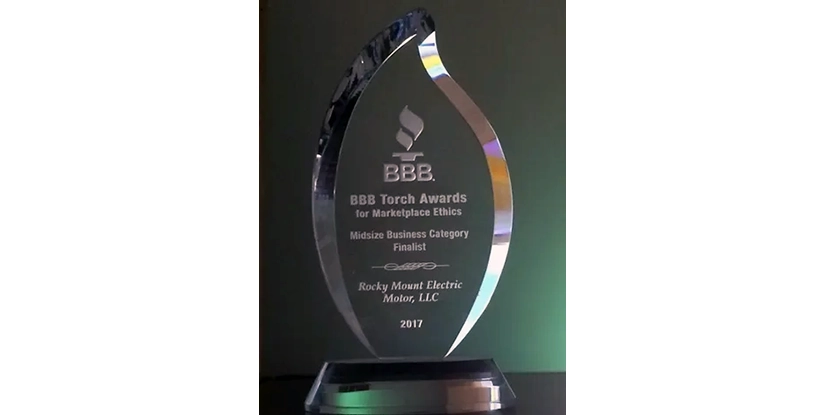 bbb-award The Better Business Bureau's award for Marketplace ethics presented to Rocky Mount Electric Motor.