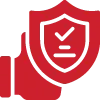 A graphic of a red thumbs up with a graphic of a red shield over the top of it. The center of the shield has a check mark.
