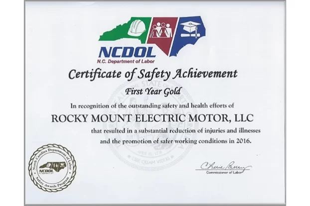 An image of Rocky Mount Electric Motor's NCDOL certificate of safety achievement.