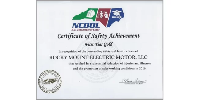 ncdol-certificate An image of Rocky Mount Electric Motor's NCDOL certificate of safety achievement.