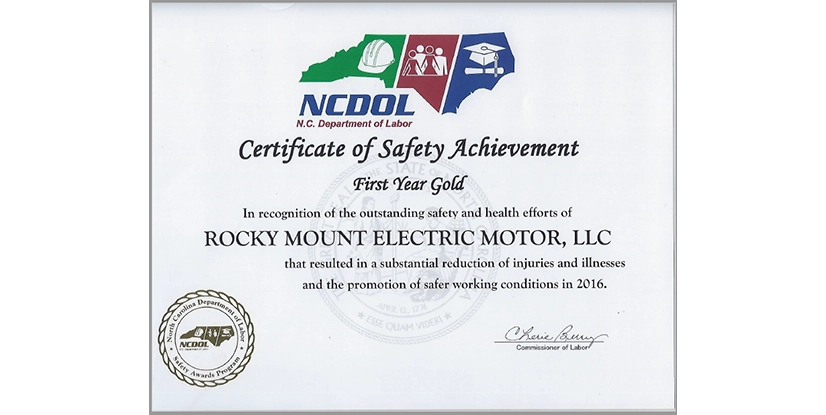 ncdol-certificate An image of Rocky Mount Electric Motor's NCDOL certificate of safety achievement.