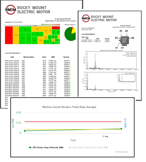 Example reports of vibration analysis for electric motors that Rocky Mount Electric Motor provides.