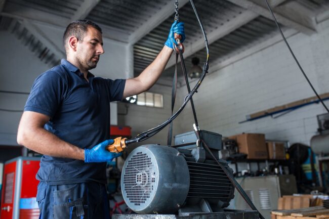 mechanic-preparing-engine-electric-motor-vibration-analysis A mechanic moves an electric motor to prepare it for vibration analysis.