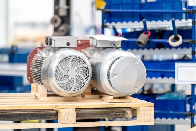 two_electric_motors_on_pallet_in_factory-min Two electric motors sit on a pallet in a production factory.