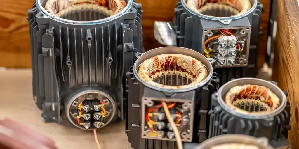 details-of-the-electric-motor-in-the-wooden-case-i-2023-11-27-05-01-22-utc-min Electric motors of various sizes lie upright in a wooden case.