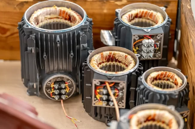 details-of-the-electric-motor-in-the-wooden-case-i-2023-11-27-05-01-22-utc-min Electric motors of various sizes lie upright in a wooden case.