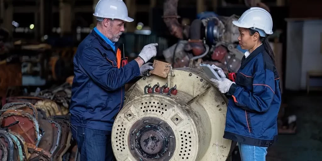 maintenance-manager-and-engineer-checking-part-lar-2023-11-27-04-50-34-utc-min A manager and engineer perform electric motor maintenance on a large industrial electric motor.