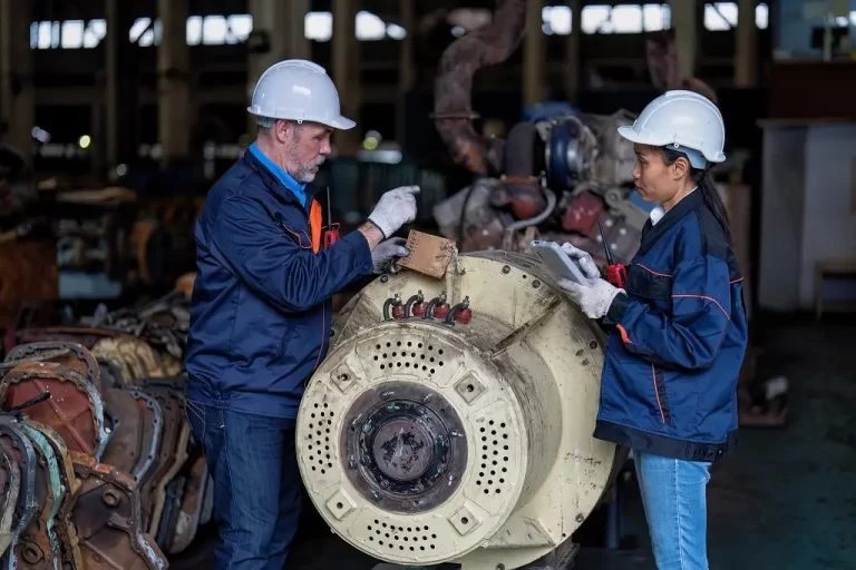 A manager and engineer perform electric motor maintenance on a large industrial electric motor.
