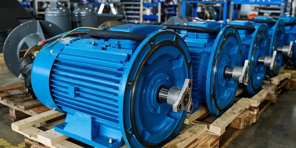 row-of-new-cylindrical-parts-of-huge-industrial-ma-2023-11-27-04-52-50-utc-min A row of new electric motors on pallets in an electric motor production facility.