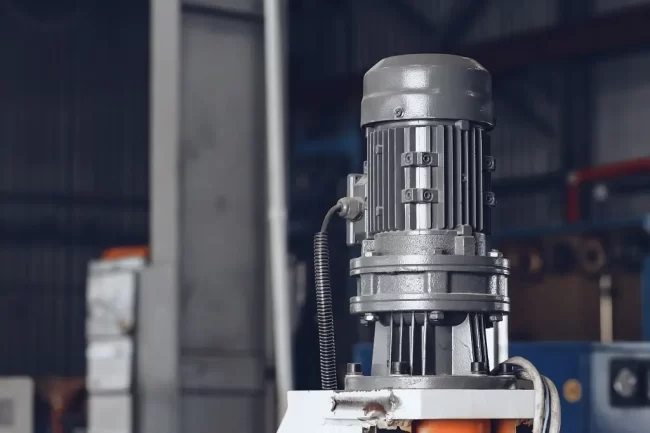 metal-production-equipment-at-the-cable-plant-2023-11-27-05-34-47-utc-min An electric motor standing vertically in a metal production in a cable plant.