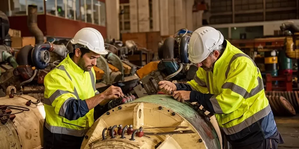 industry-engineer-worker-at-factory-2023-11-27-05-17-16-utc-min Industry engineers in factory perform maintenance on an electric motor.