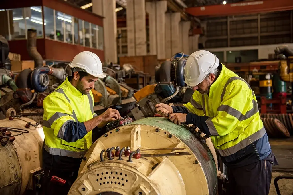 Industry engineers in factory perform maintenance on an electric motor.