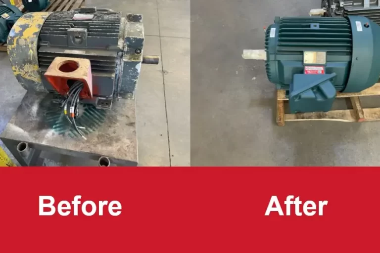 A before and after side by side of a worn and refurbished electric motor
