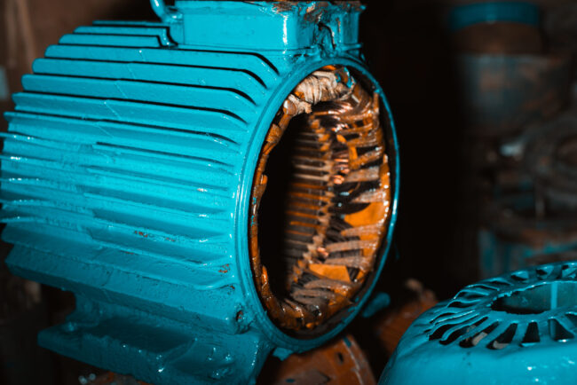 Broken disassembled electric motor, stator under repair in the garage. Industrial electrical equipment, technologies. Close-up, side view.