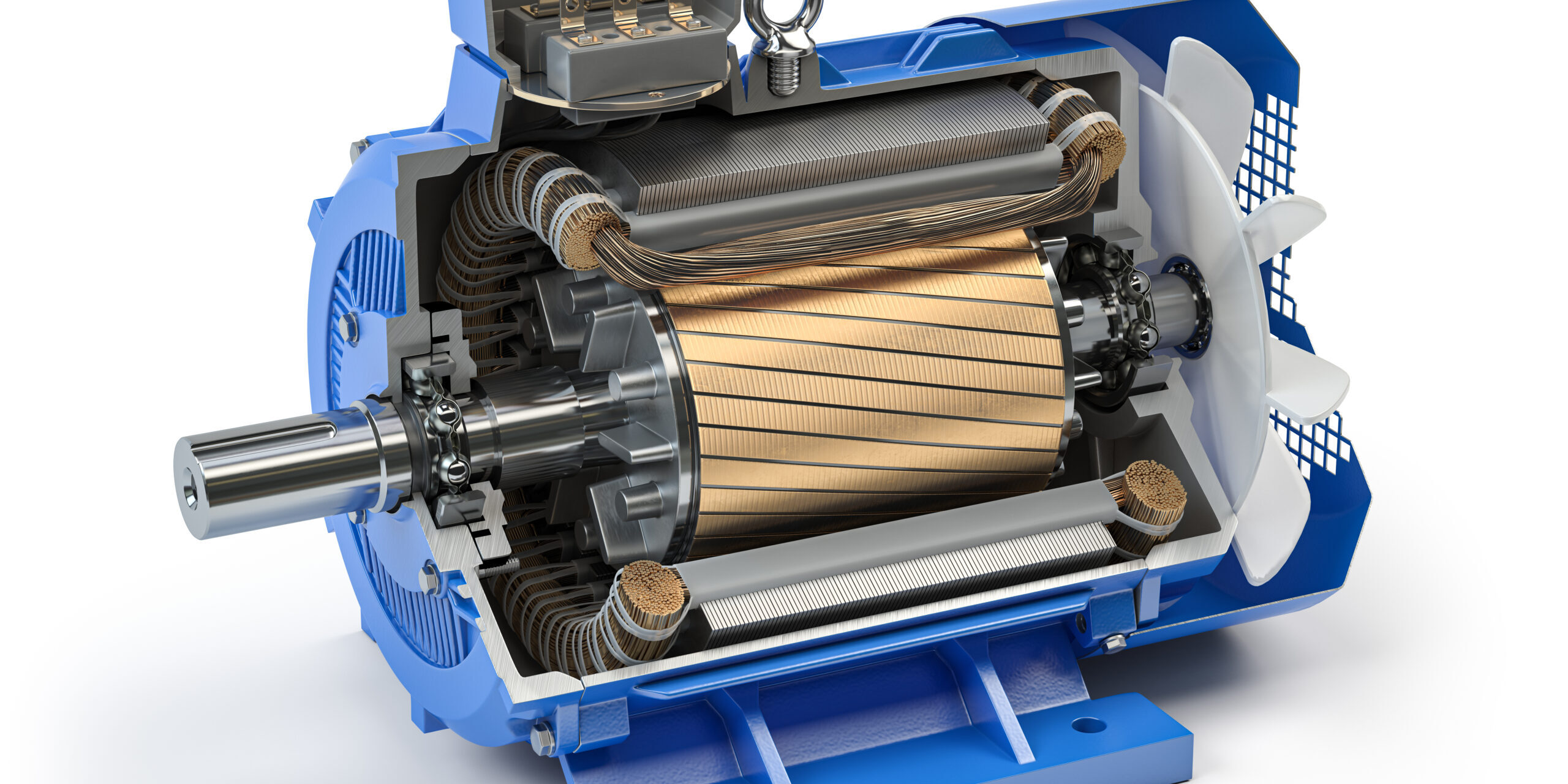 Cross section of Industrial electric motor. Electric motor parts Cross section of Industrial electric motor. Electric motor parts and structure isolated on white background. 3d illustration