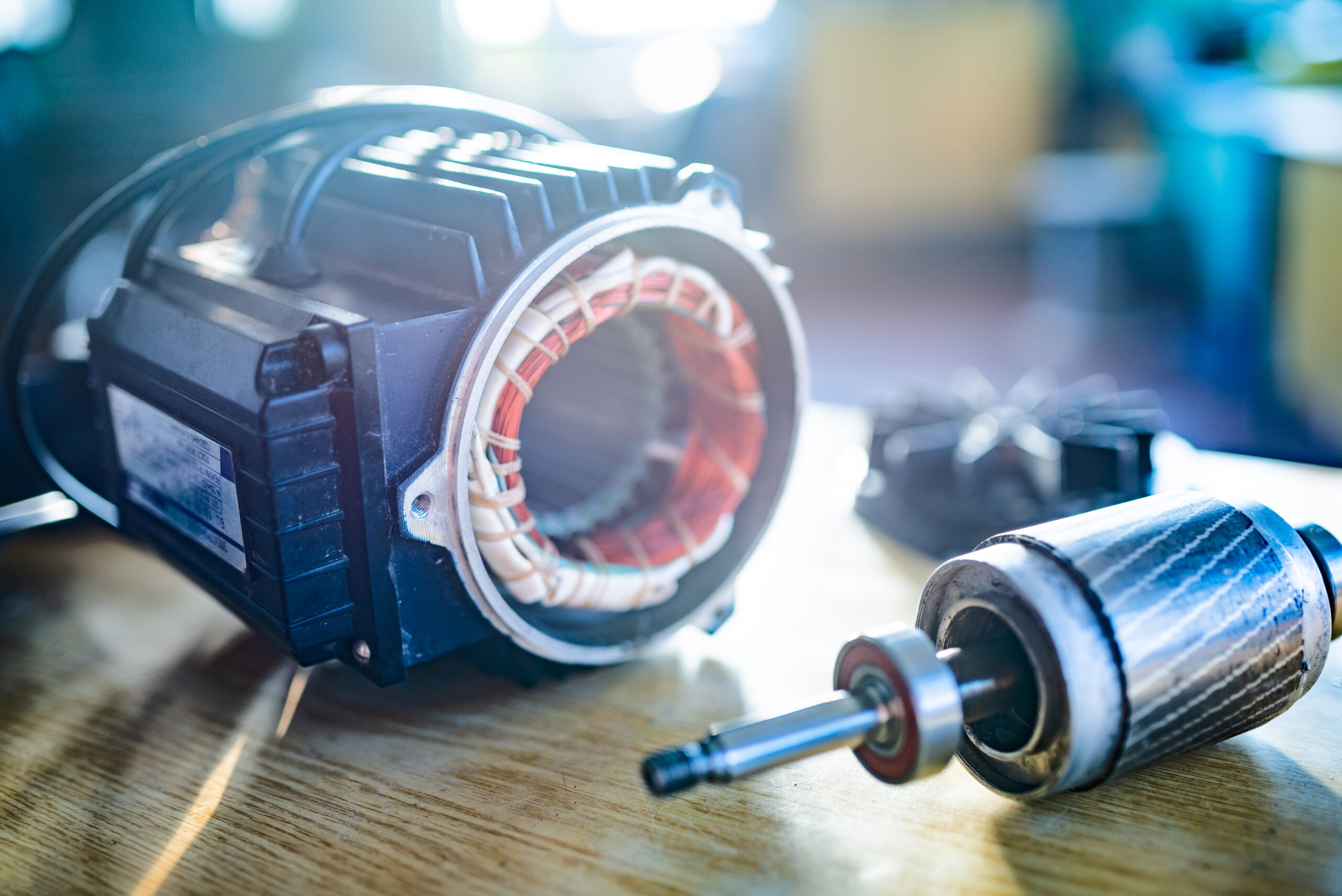 Close-up of an iron industrial motor lies on a table during the production of new modern trucks in a factory. The concept of reliable and high-quality special cars